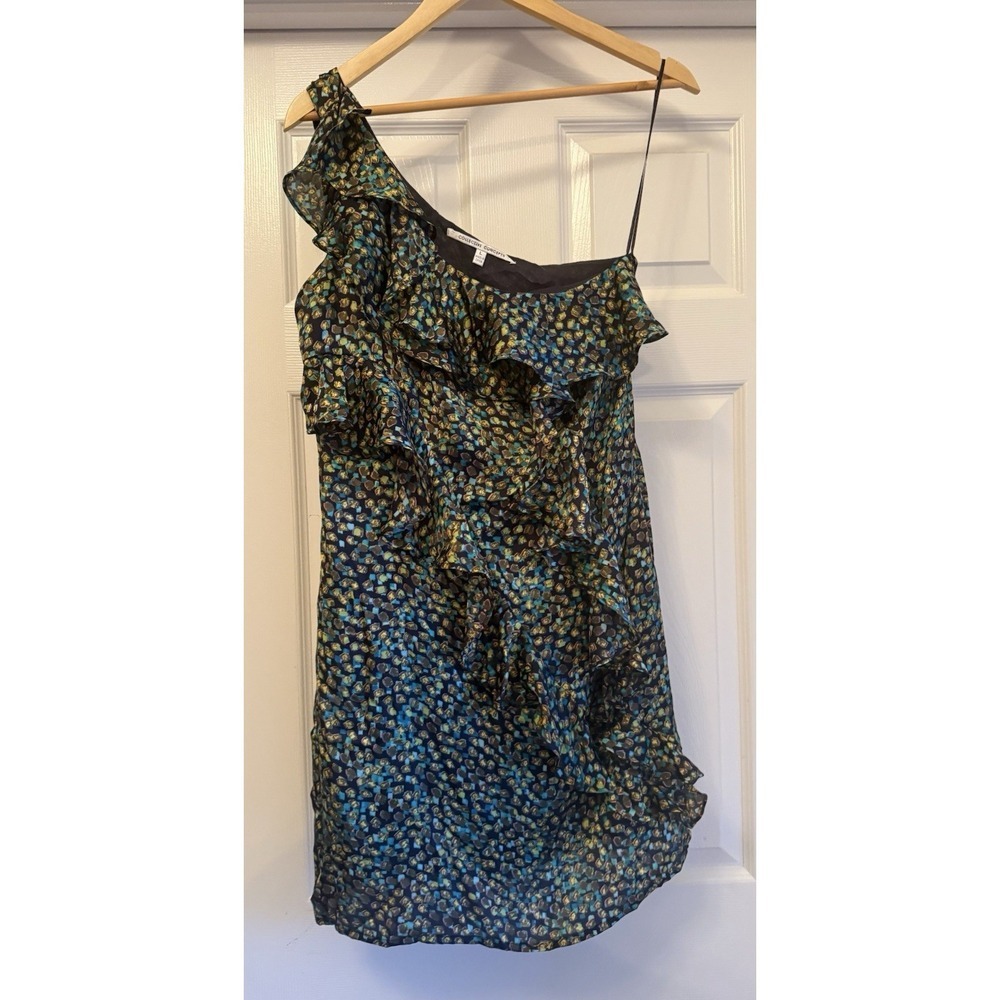 Collective Concepts One Shoulder Dress Women Large Blue Green Ruffle Mini DS2195